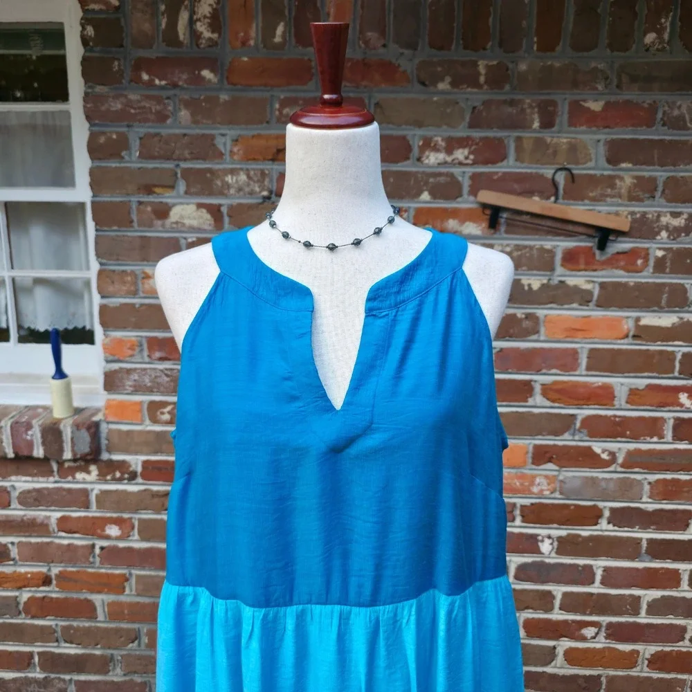 J. Jill Maxi Dress PM Blue Green Colorblock Tiered Boho Coastal Summer - Picture 12 of 16